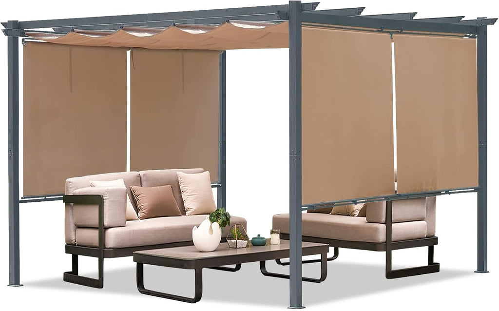 12 x 12 ft Outdoor Pergola with Retractable Shade Canopy, Matte Aluminum Frame, 4 Roller Shade Curtains