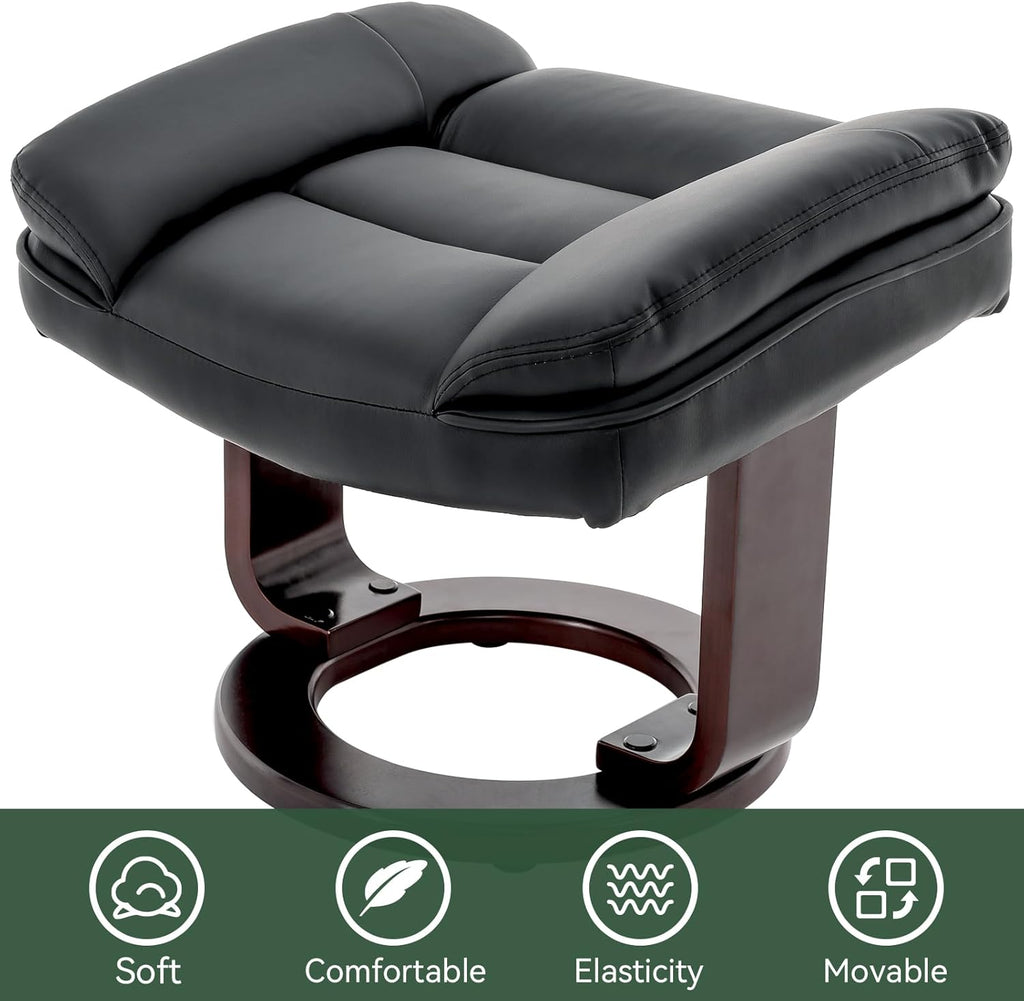 Modern Reclining Swivel Lounge Chair and Ottoman — Black PU Leather