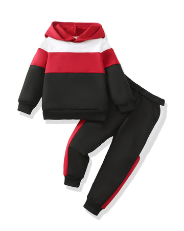 Boys Clothes Fall Winter Toddler Boys Outfits Red Color Block Hoodie Sweatshirt Tops Pants 2 Piece Sweatsuits