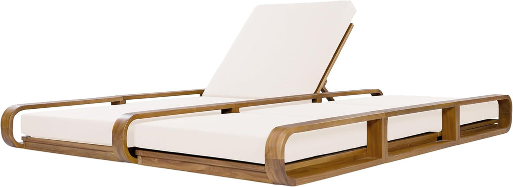 Double Chaise Lounge Chair Outdoor with 4-Position Adjustable Backrest for Each Seat & 3-Fold Cushions, Acacia Wood