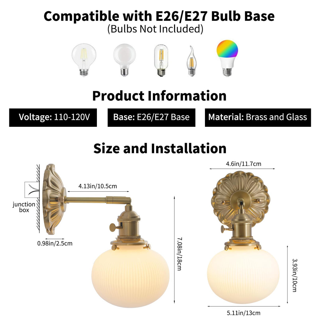 Nordic Brass Wall Sconce Modern Adjustable Interior Wall Sconce with Spherical Opal Glass Shade Stripe Finish