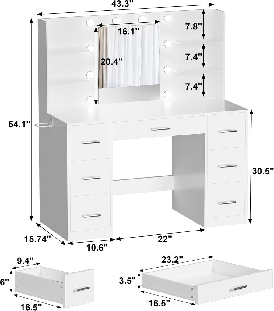 Makeup Vanity Desk with Mirror and 10 Lights, Table with 7 Drawers and 4 Open Shelves, 3 Color Modes and Adjustable