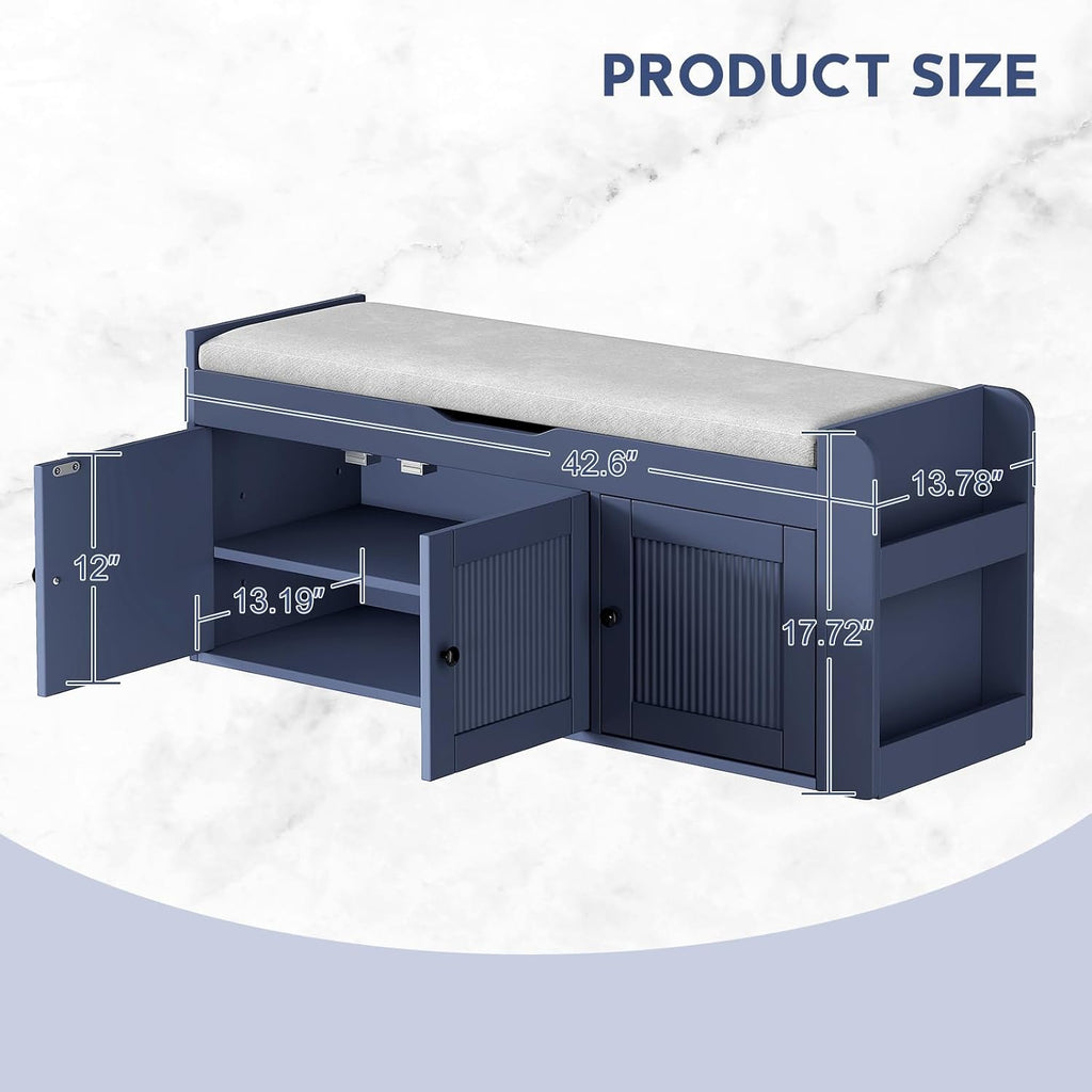 42.6" Entryway Shoe Storage Bench with Padded Seat, 3 Doors and Side Shelves, Lift Top Storage Bench for Shoes