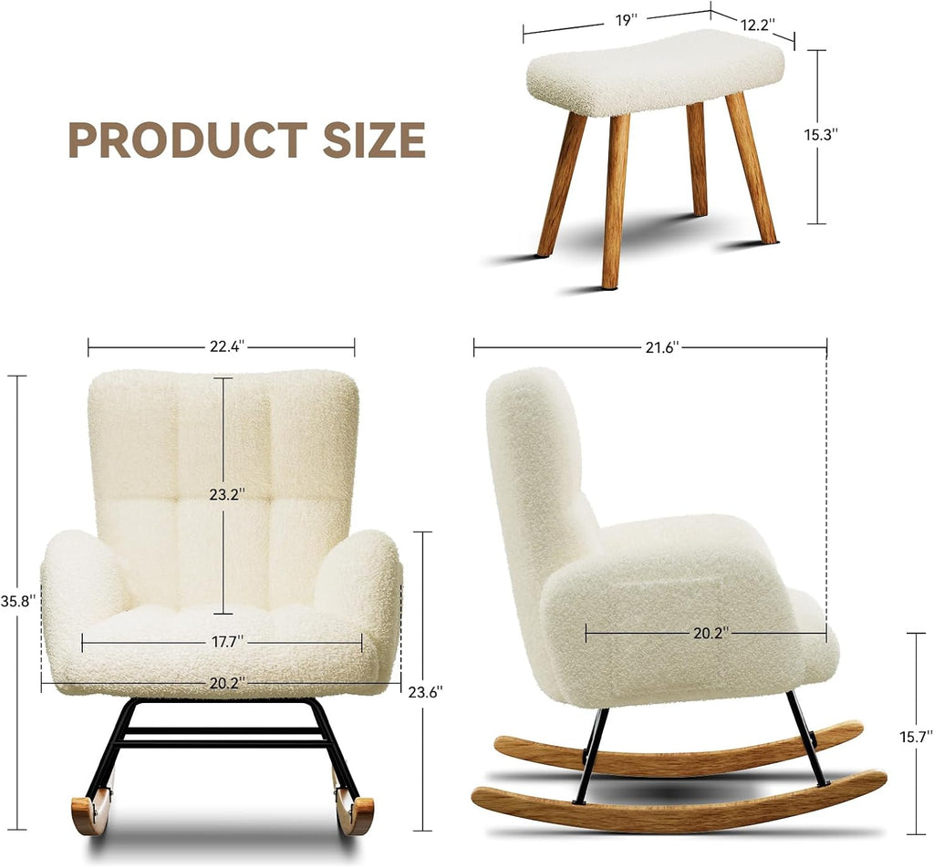 Rocking Chair Nursery with Ottoman,Teddy Upholstered Glider Rocker | High Backrest Reading Chair with Side Pockets