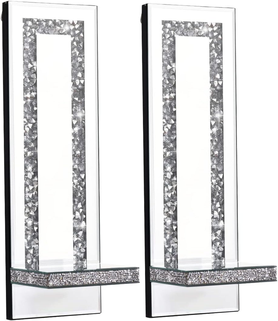 Crystal Crush Diamond Mirrored Candle Sconces, Silver Wall Candle Holder Set of 2, Wall Decorations (Rectangle Stripe