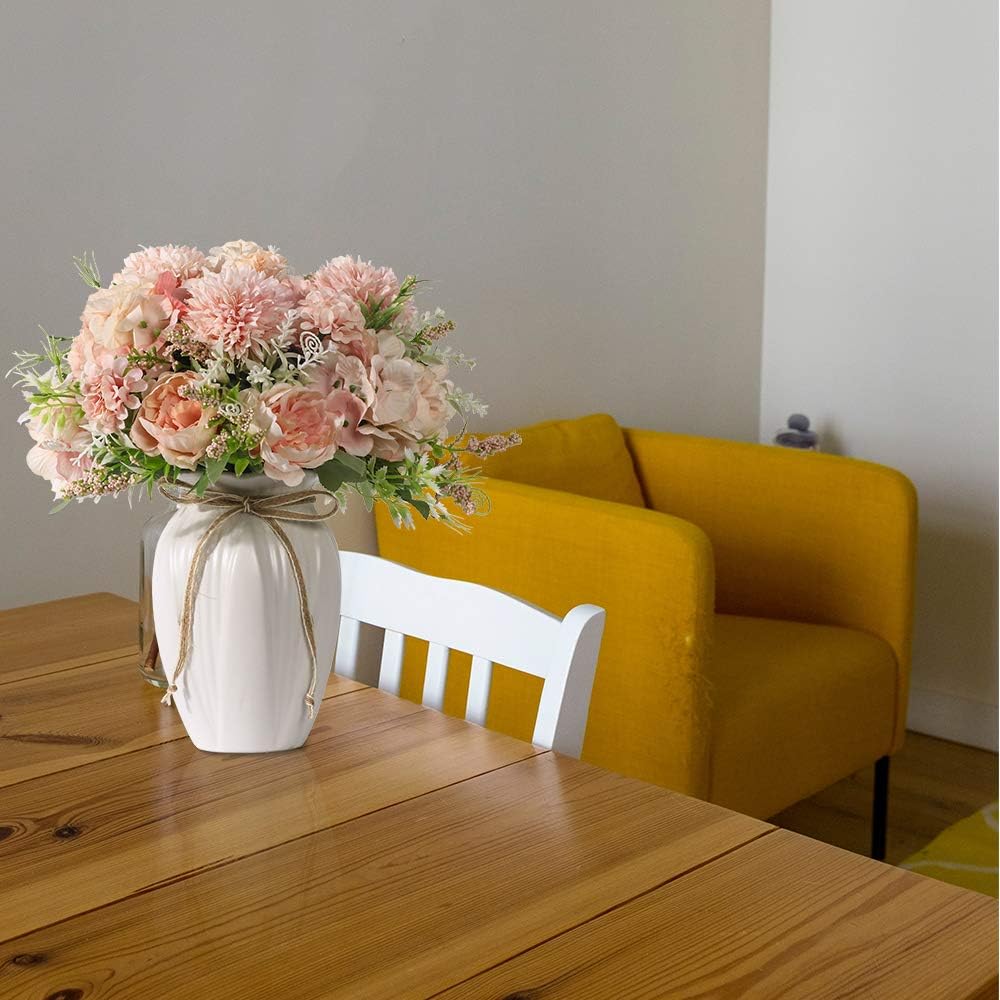 Peonies Artificial Flowers in Vase, Fake Hydrangea Silk Peony Flower Bouquet with Vase Faux Flowers Arrangement Decor