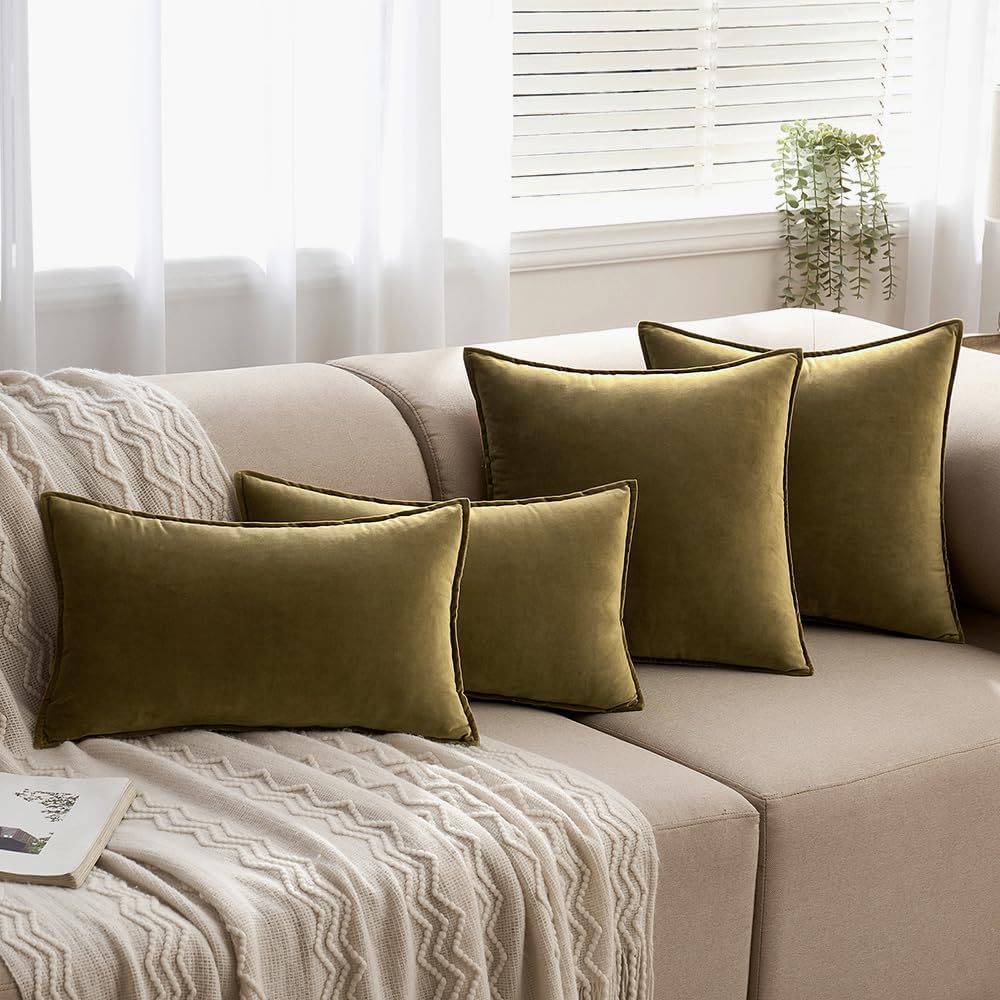 Olive Green Velvet Throw Pillow Covers 20x20 Soft Decorative Solid Square Cushion Cases Pack of 2 Modern Luxury Home
