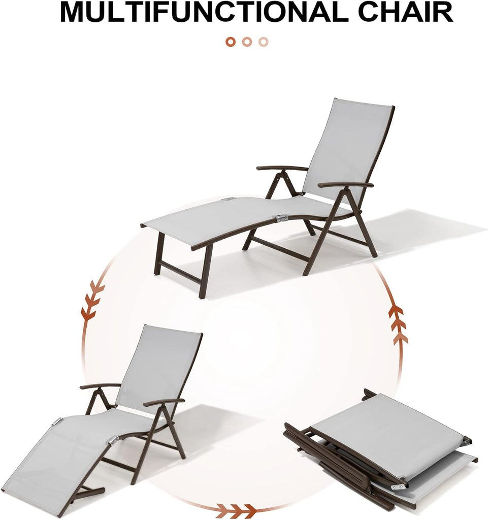 Lounge Chair Outdoor, Folding Pool Chaise Chairs Set of 2 (Light Gray) | Rust-Resistant Aluminum Frame, 8-Position