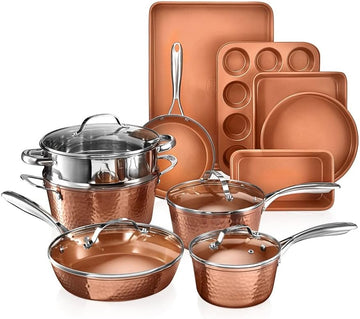 Hammered 15Pc Pots and Pans Set Non Stick Ceramic Cookware Set | Full Bakeware Set and Steamer Included, Induction