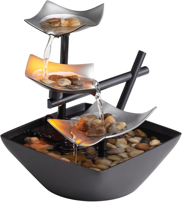 Tabletop Water Fountain, Home Décor Soothing Sound Machine - Automatic Pump, Deep Basin & Natural River Rocks. Indoor