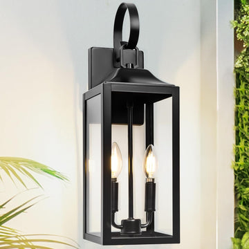 19" Black Outdoor Wall Lantern 2-Light, Large Outside Modern Porch Sconce Light Fixture
