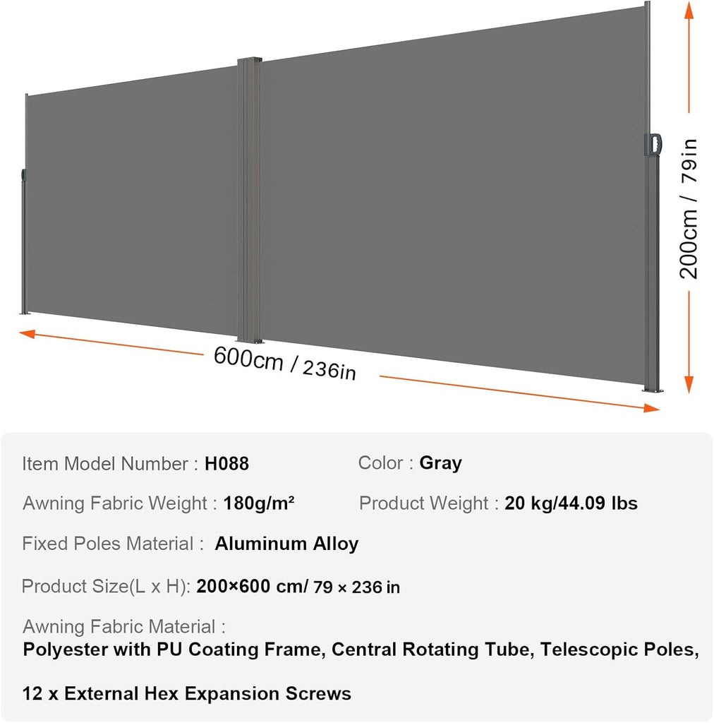 Retractable Side Awning, 79 x 236 in Outdoor Folding Privacy Screen, Waterproof & UV-Resistant Patio Privacy Screen
