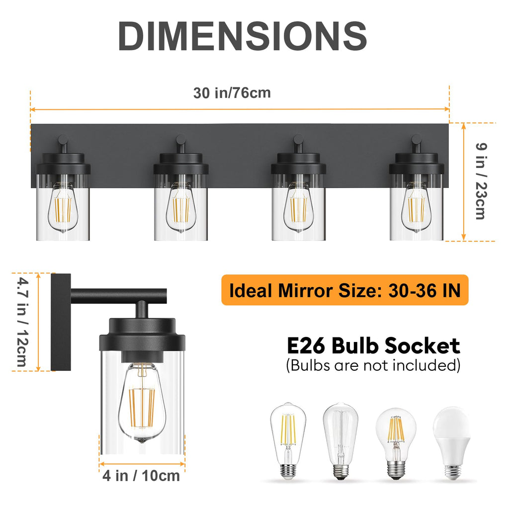 Bathroom Vanity Light Fixture, 4-Light 30 Inch Matte Black Bathroom Light Fixtures Over Mirror, with Clear Glass