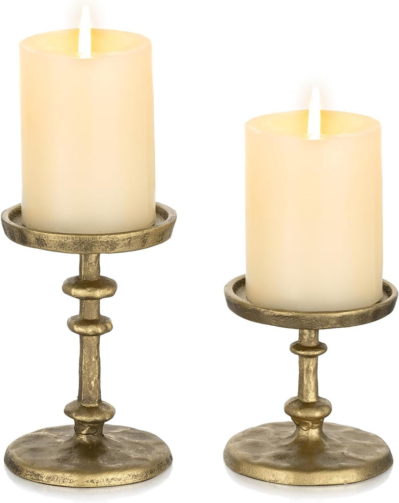 Gold Candle Holders for Pillar: Antique Brass Cast Iron Candle Stand | Handcrafted Hammered Decor for 3 Inch Pillars