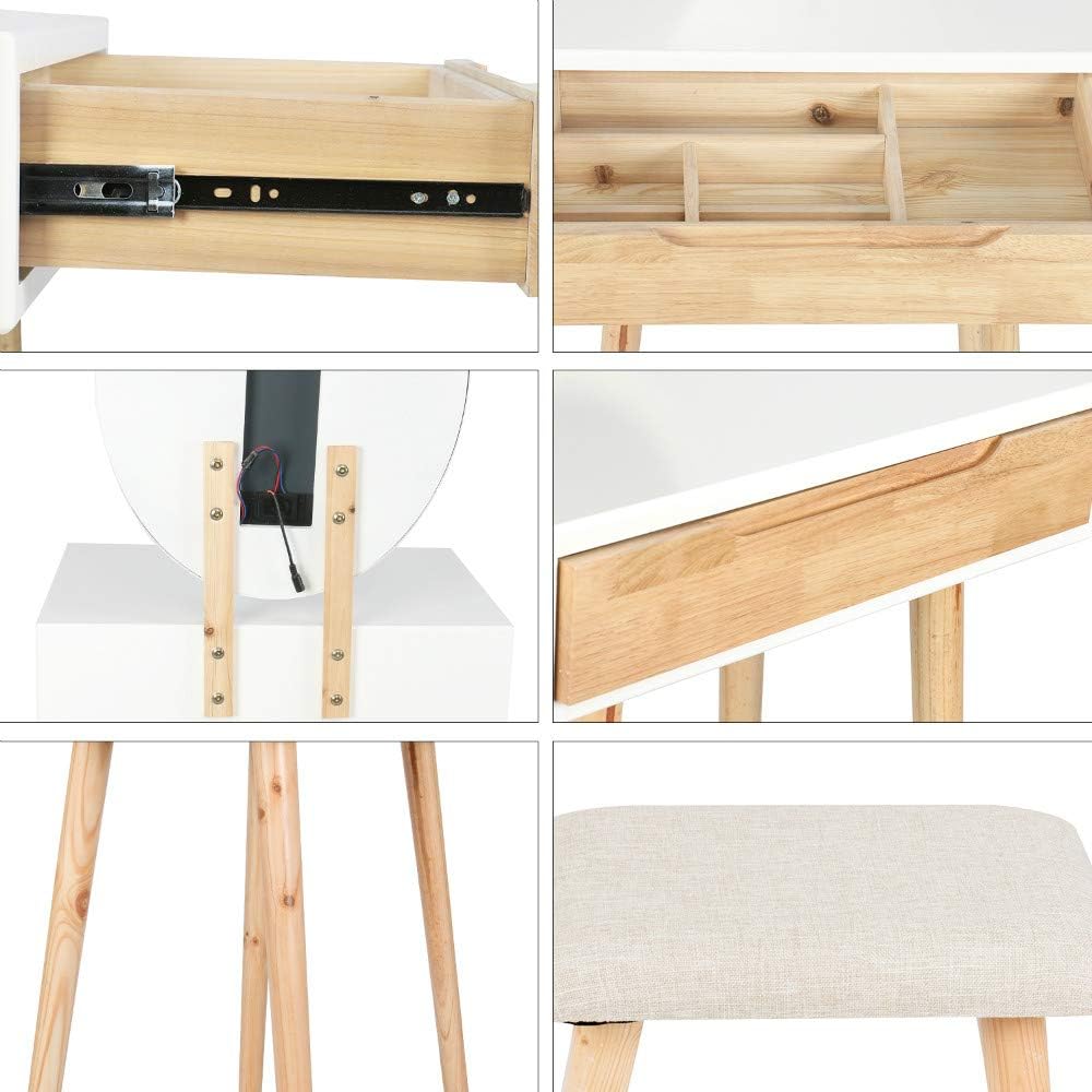 Makeup Vanity Table Set with 3 Modes Adjustable Lighted Mirror Cushioned Stool, Dressing Table for Small Space | 3