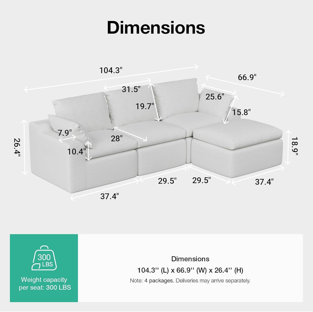 104.3" Modular Cloud Couch, Modern Sectional Sofa with Smarts Coil Support, Chenille Fabric, Upholstered Couch