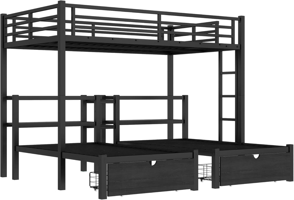 Full XL Over Twin Over Twin Triple Bunk Beds with Storage Drawers, Shelves