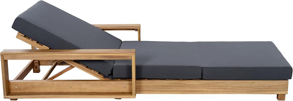 Wood Chaise Lounge with 4 Triple-Fold Cushion, Dark Gray | Outdoor Chaise Lounge, Acacia Wood Patio Recliner With 4