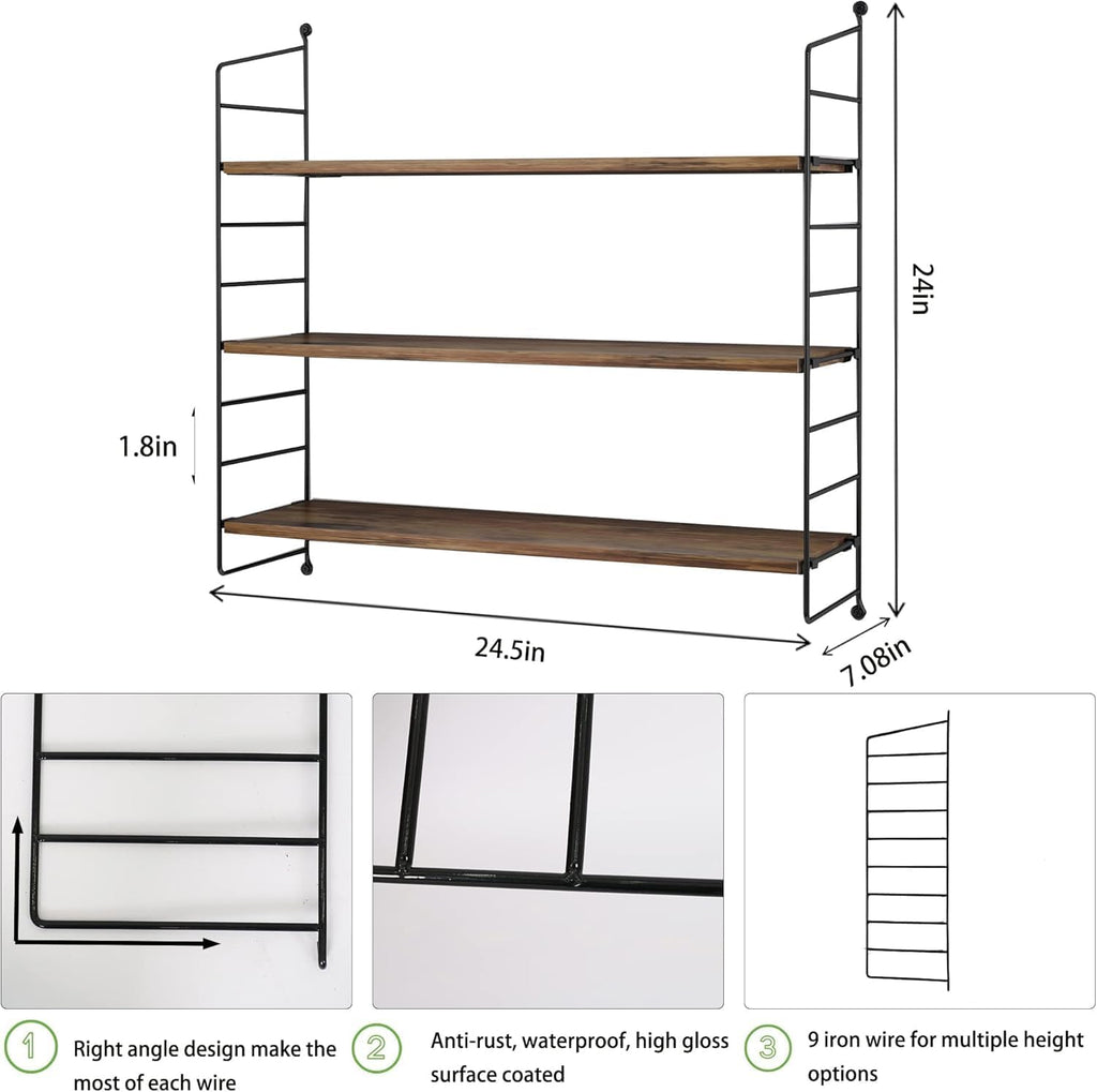 Floating Shelves Rustic Wood Wall Shelves Adjustable Metal Frame Decorative Hanging Storage Shelves 24 Inch (24 in)