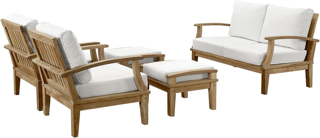 Marina Premium Grade A Teak Wood 5-Piece Outdoor Patio Furniture Set in Natural White