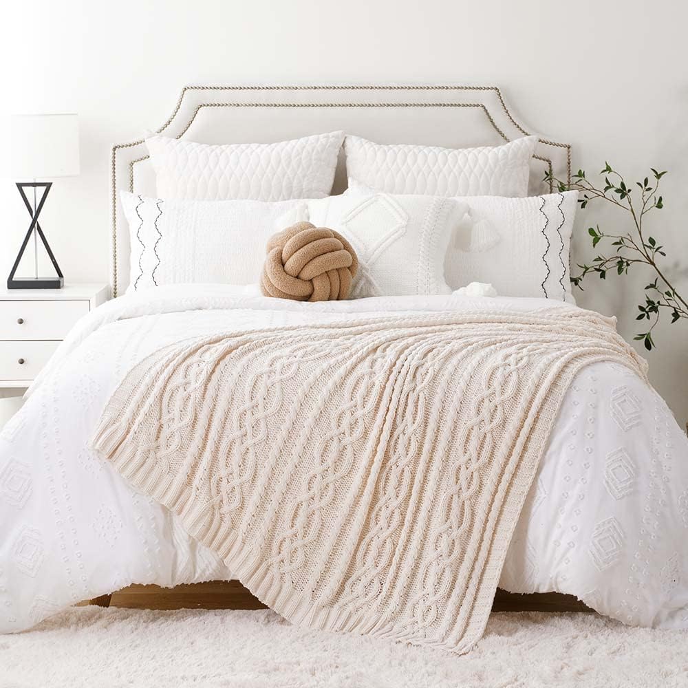 Cream White Ivory Throw Blanket, 51x 67 Inch, Woven Chenille Knit Throw Blanket for Chair, Super Soft Warm Decorative