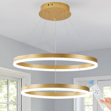 Modern LED Chandelier Gold 2-Rings Pendant Light Circular Flush Mount Ceiling Chandelier Lighting with Remote Control