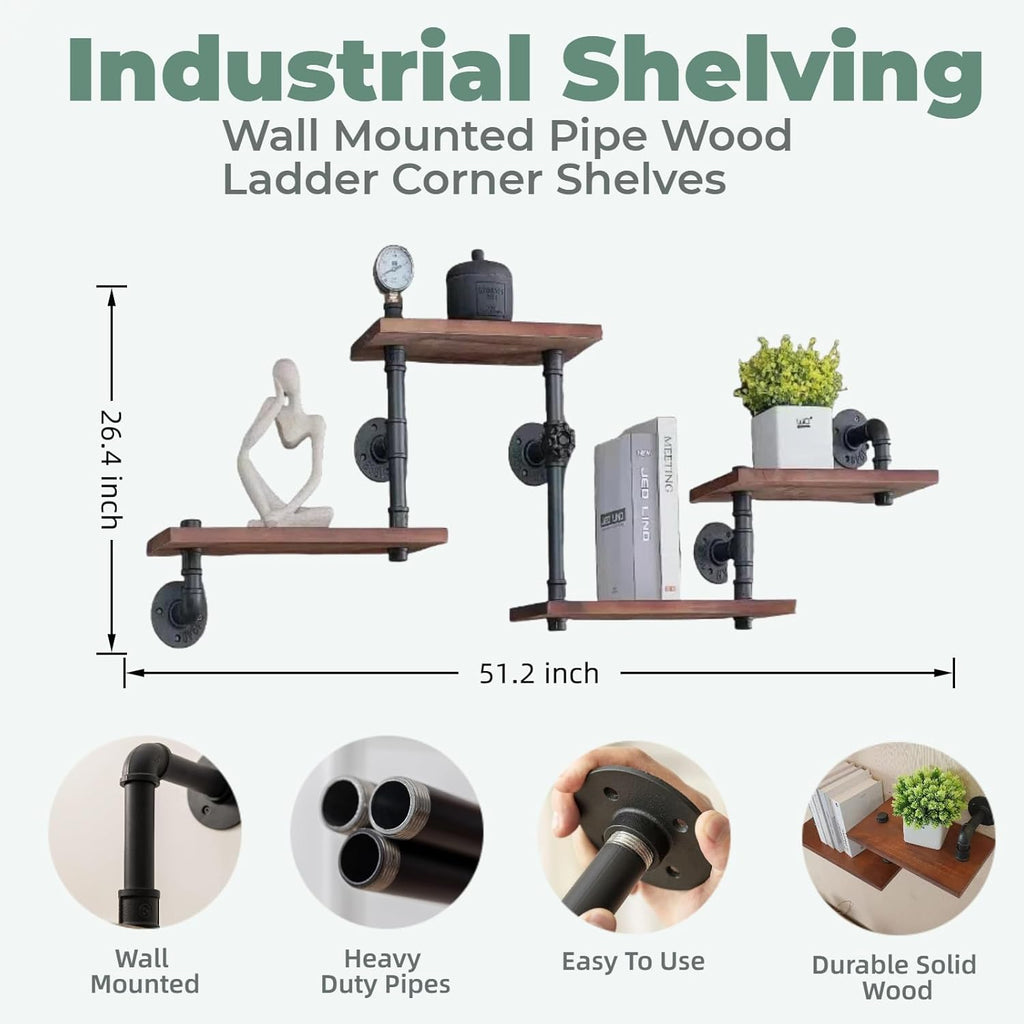 Industrial Rustic Modern Solid Wood Ladder Pipe Wall Mounted Floating Shelves - 4 Tiers Bookshelf,DIY Storage