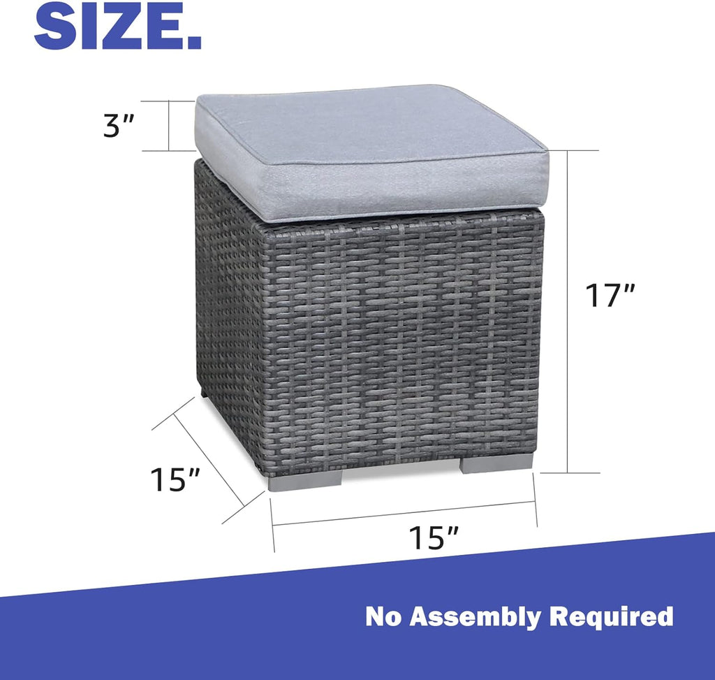 2 Pieces Assembled Outdoor Patio Ottoman, Grey Wicker, Light Grey | Indoor Outdoor All-Weather Rattan Footstool