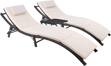 Patio Chaise Lounge Sets Outdoor Rattan Adjustable Back 3 Pieces Cushioned Patio Folding Chaise Lounge with Folding