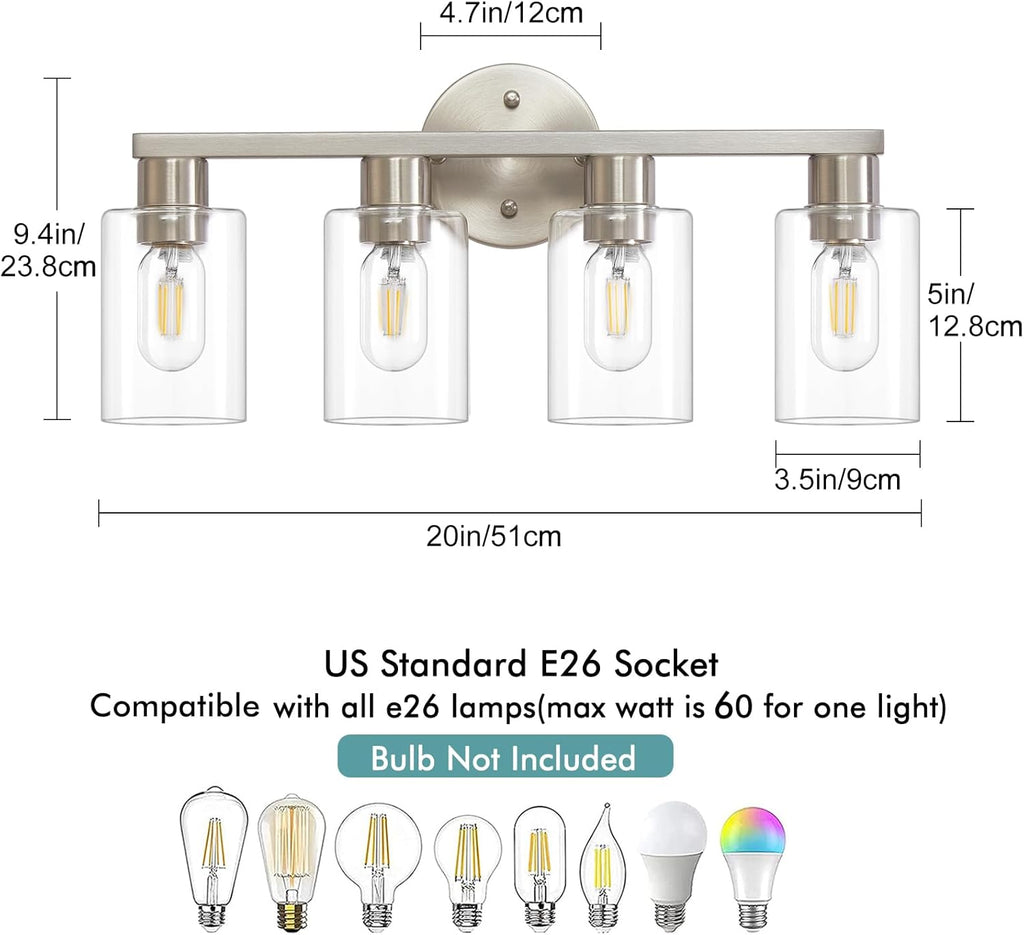 4 Light Bathroom Vanity Light, Brushed Nickel 4-Light Bathroom Light Fixtures, Vanity Lights for Make-Up Mirror
