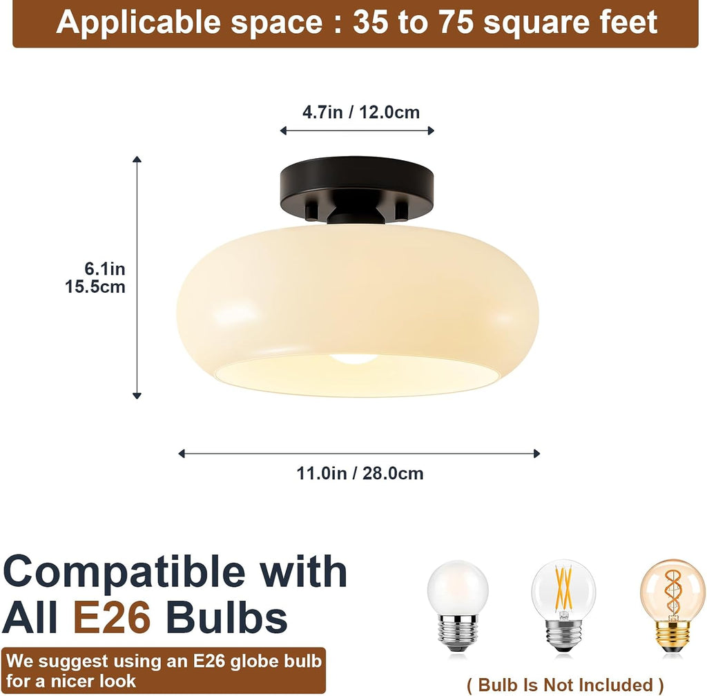 Mid-Century Modern Black Semi Flush Ceiling Light 11.0 Inch | Small White Glass Shade Close to Ceiling Lighting