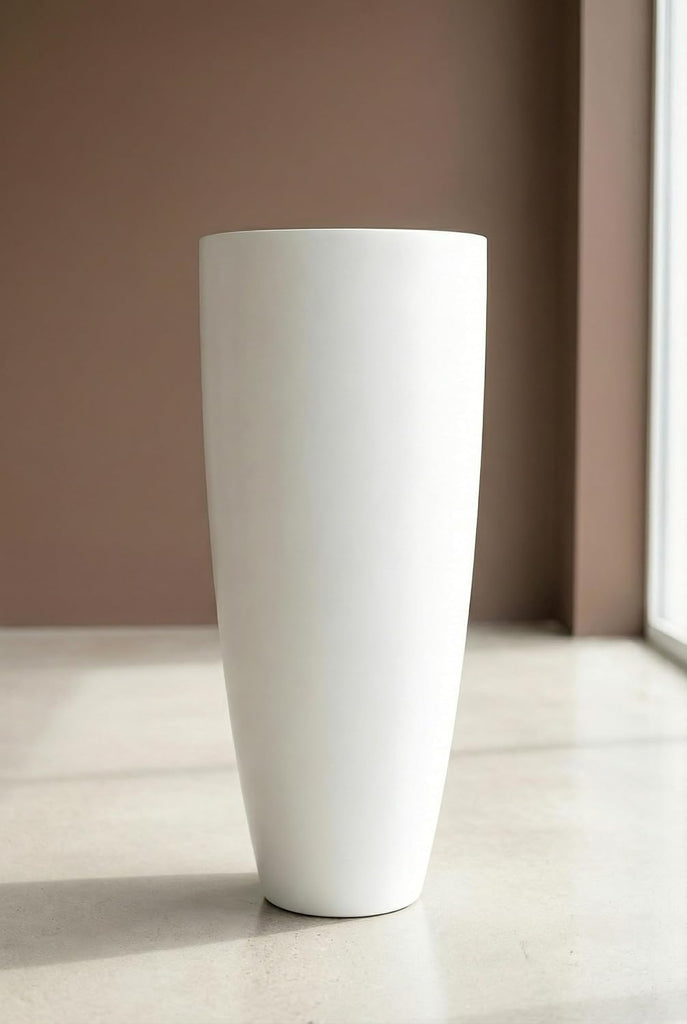 Tall 36" White Fiberglass Planter - Large Modern Lightweight Tapered Round Indoor/Outdoor Elegant Decorative Pot for