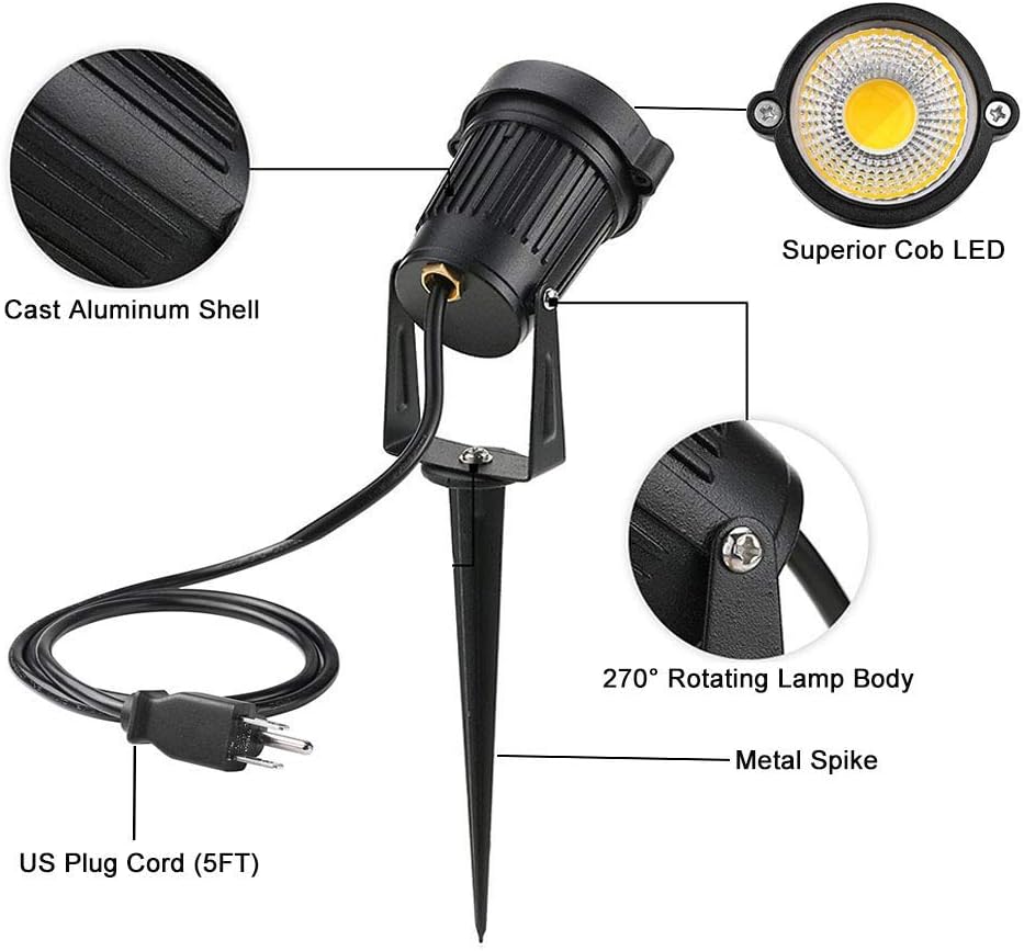5W Landscape Lighting, 120V Plug-in Outdoor Spotlights, 6 Pack | 3000K Warm White, 550LM Bright LED, IP65 Waterproof