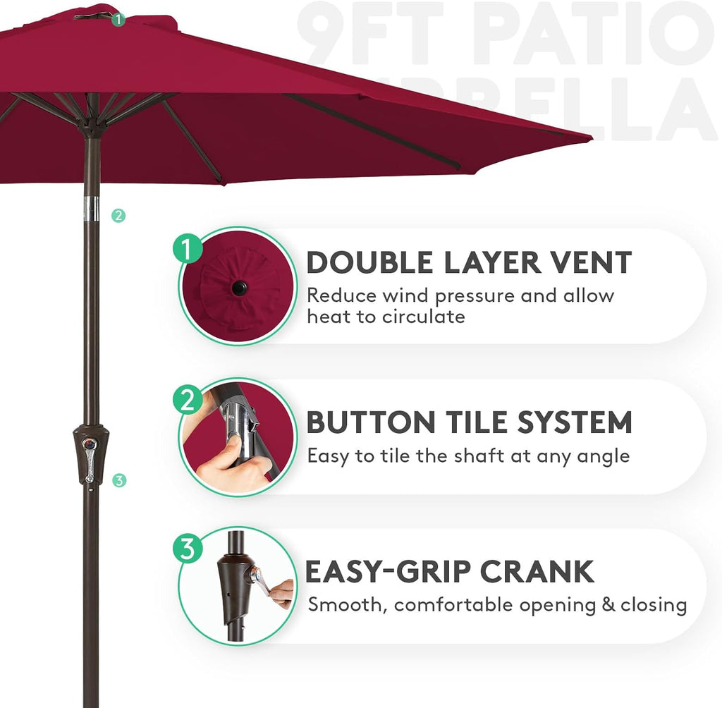 9FT Outdoor Patio Umbrella Outdoor Table Umbrella with Push Button Tilt and Crank - Dark Red