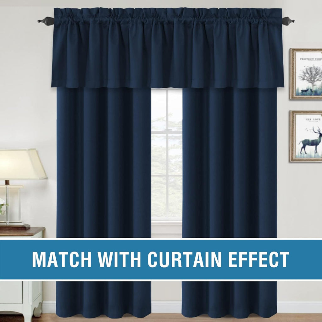 100% Blackout Valances for Windows,Kitchen Valance Set of 2, Small Short Modern Rod Pocket Valances Curtains for Living Room Bathroom Cafe Laundry Basement, 52" x 18", Navy
