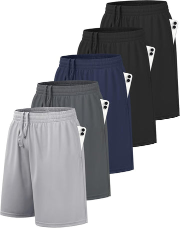 5 Pack Boys Basketball Athletic Shorts Quick Dry with Pockets