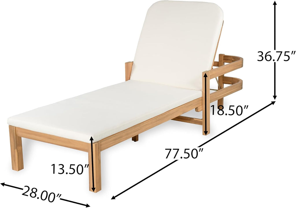 Outdoor Acacia Wood Chaise Lounge with Adjustable Backrest & Water-Resistant Cushion, 4-Position Patio Recliner