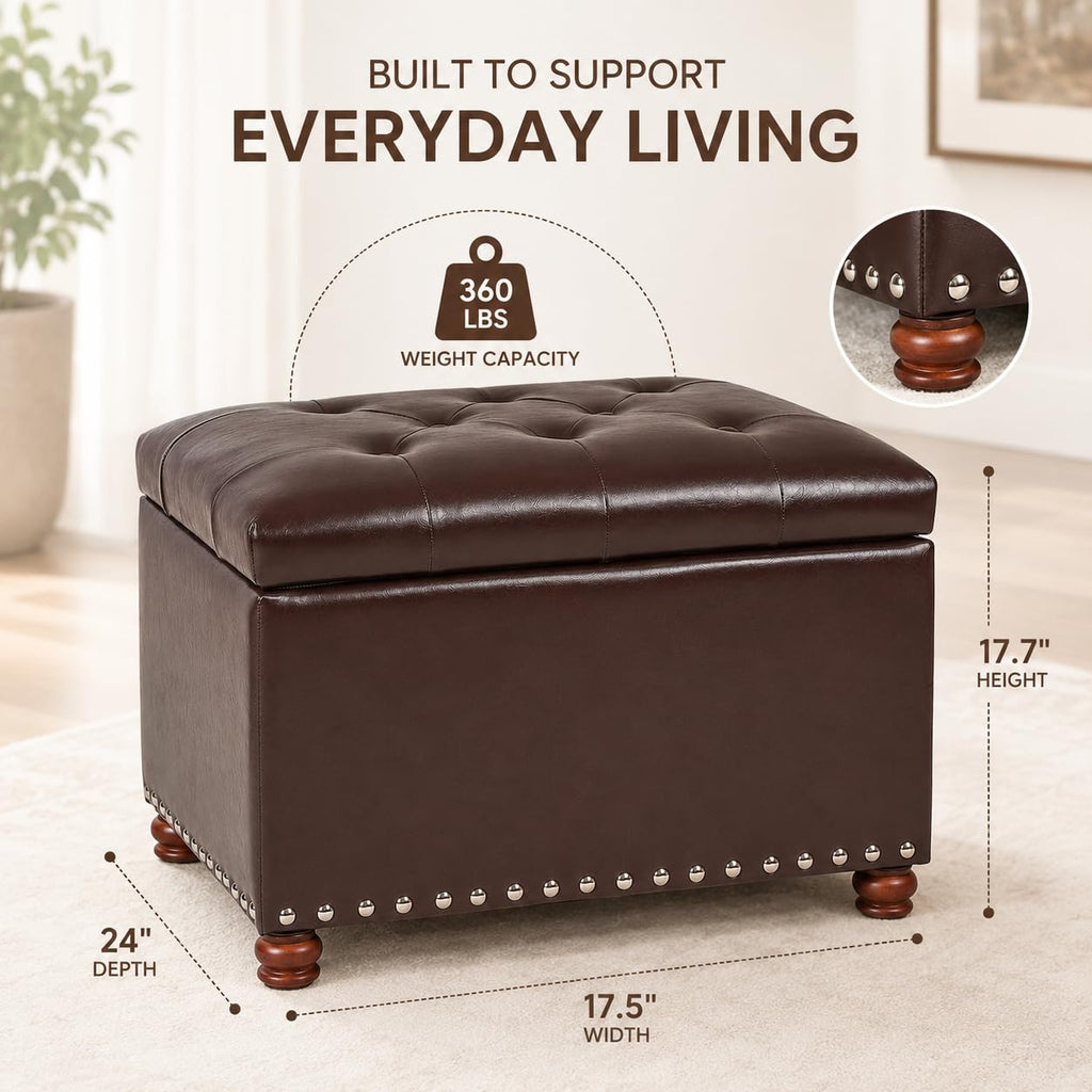 Leather Ottoman with Storage Small Foot Stool with Hinged Lid