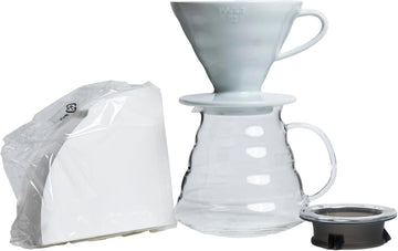 V60 Coffee Pour Over Kit Bundle Set - Comes with Ceramic Dripper, Range Server Glass Pot, Measuring Spoon, and 100 - Set of 100