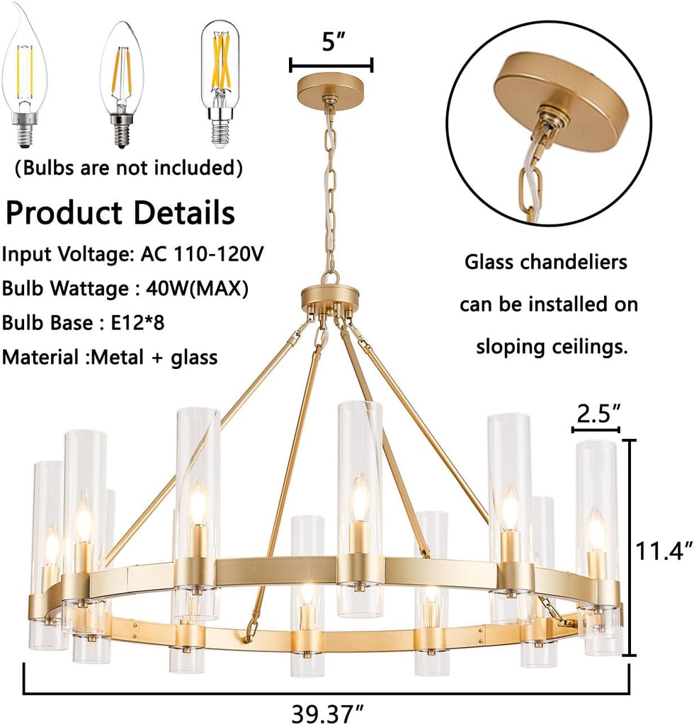 Inspired Ravelle Style Wagon Wheel Chandelier, 12-Light Golden Farmhouse Round Chandelier, Industrial Lighting fixtures, Glass Chandelier, Suitable for Porch, Dining Room, Living Room, and Bedroom