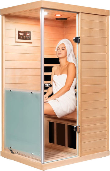 Small Sauna Far Infrared Saunas for Home 1 Person, 1060W, 6 Heating Panels, Hemlock Wooden Indoor Sauna Room with Tempered Glass, Left Door Opening, Blue-Tooth, LCD-Display Control