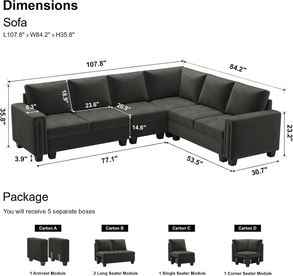 Grey Velvet L-Shape Sectional Sofa with Reversible Chaise, 107.8'L x 84.2'W x 35.8'H, Modular, Modern, Sofa Couch , 5