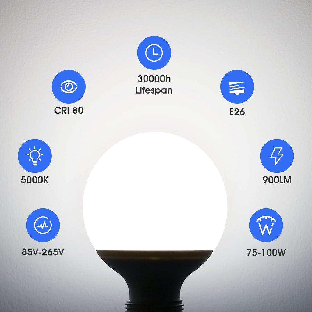 G25 LED Vanity Light Bulbs, 100W LED Globe Bulb Equivalent, 9W Vanity Bulbs for Bathroom, 5000K Daylight White 900LM (4 Pack)