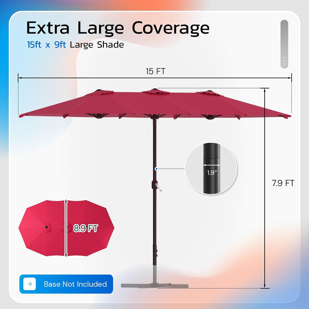 15x9ft Large Patio Umbrella, Outdoor Double-Sided Rectangle Umbrella with Crank Handle
