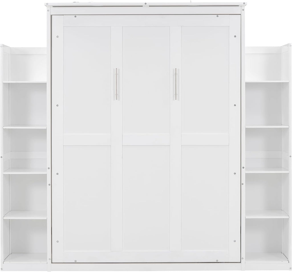 Full Murphy Bed, Wooden Full Murphy Wall Bed with Shelves and LED Lights, White