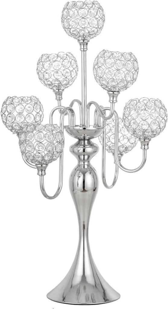 Silver Candelabra for Table Centerpiece with Crystal, 7 Arms 27.1 inch Tall Candle Holders with Globes, Dining Table