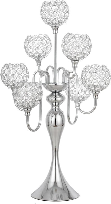 Silver Candelabra for Table Centerpiece with Crystal, 7 Arms 27.1 inch Tall Candle Holders with Globes, Dining Table