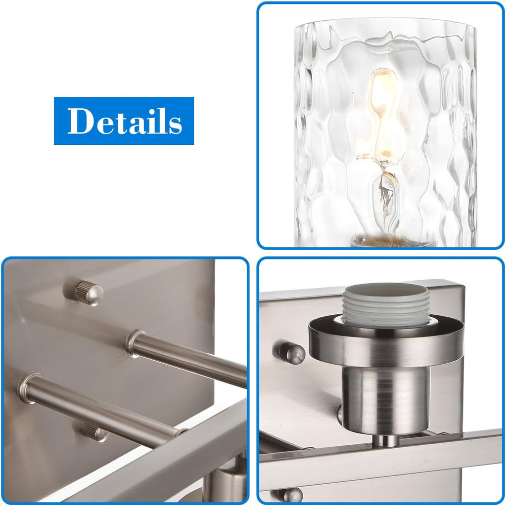 Brushed Nickel Bathroom Vanity Light with Clear Hammered Glass | 4-Light Wall Light Fixtures Modern Wall Lamp for