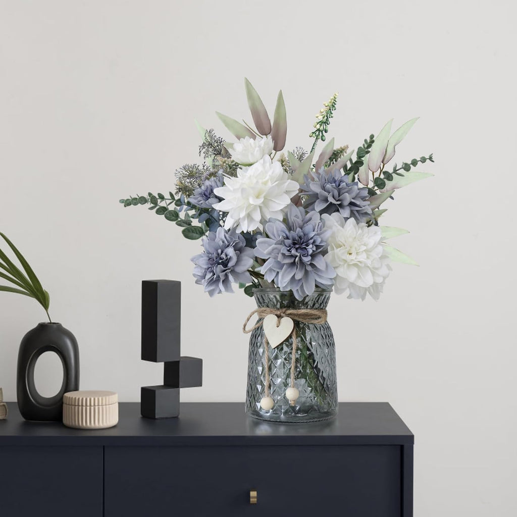 Fake Flowers in Vase,8 Dahlias,Silk Artificial Flowers in Vase,Centerpiece Table Decorations,Faux Flowers in Vase