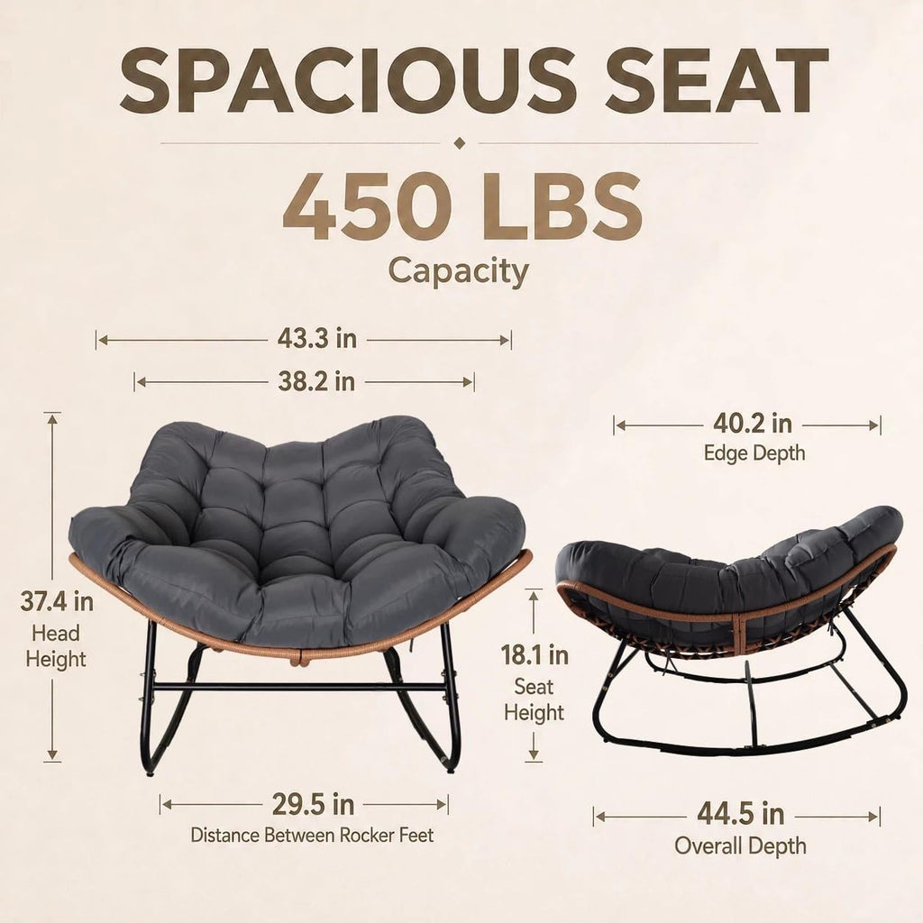 Papasan Rocking Chair Outdoor Oversized Rocker with 5" Cushion, 450 lbs Wicker Egg Recliner Chair Metal Patio Chair